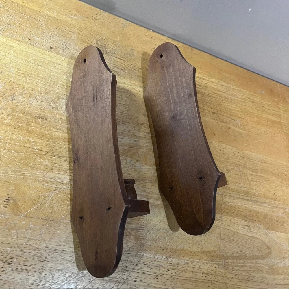 Vtg Pair Wood Wall Sconces Taper Candle Holders Dark Brown Colonial Rustic 15